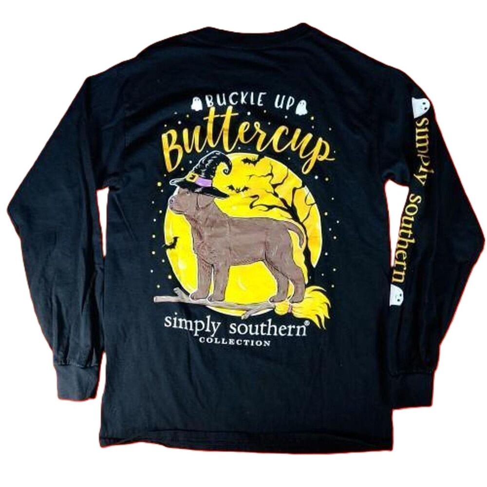 Simply Southern Buckle Up Buttercup Halloween Ghost Dog Long Sleeve Tee Small
